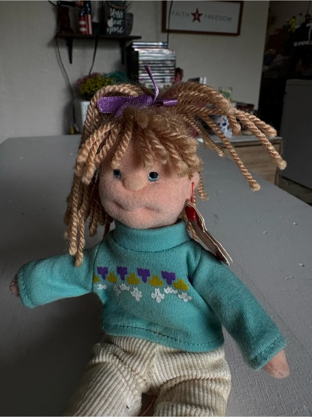 Ty Plush Doll with Teal Sweater, Purple Bow, and Tan Boots